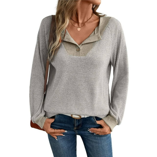 Camisetas de Larga de Moda de Otoño para Mujer, Sudaderas con Cuello en V y Botones de Patchwork, Tops Casuales Tipo Pulóver Crema M