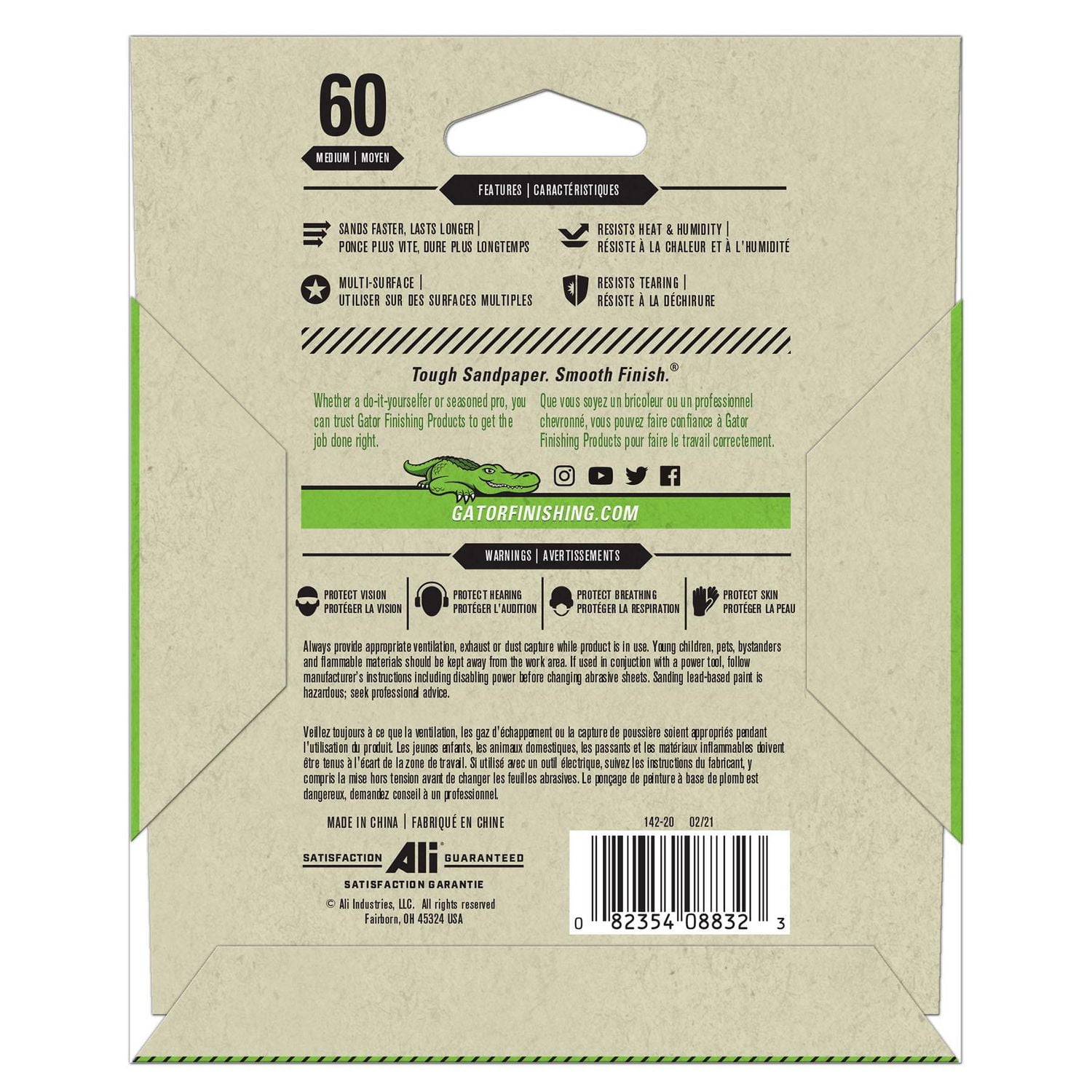 Gator 1/4 feuille de ponçage abrasive, grain 60 paquet de 6