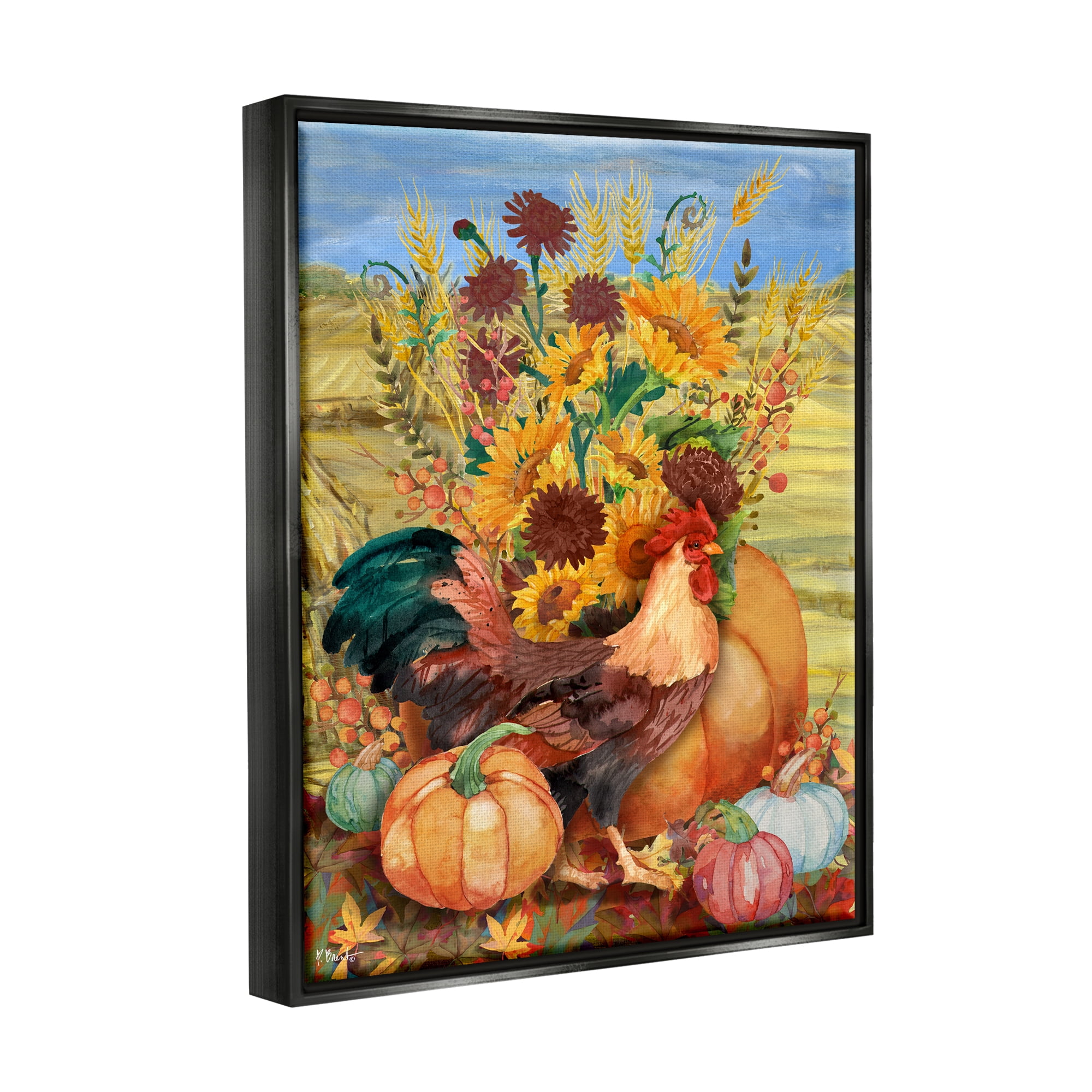 Stupell Industries Autumnal Rooster & Sunflowers Animals & Insects Painting Black Floater Framed Canvas Art Print Wall Art, 17 x 21