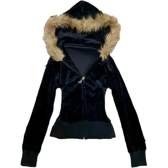 Grunge Fur Hood Zip Up Hoodie Women Teen Girls Cute Winter Crop Coats Y2k Emo Goth Sweatshirts Streetwear Jacket