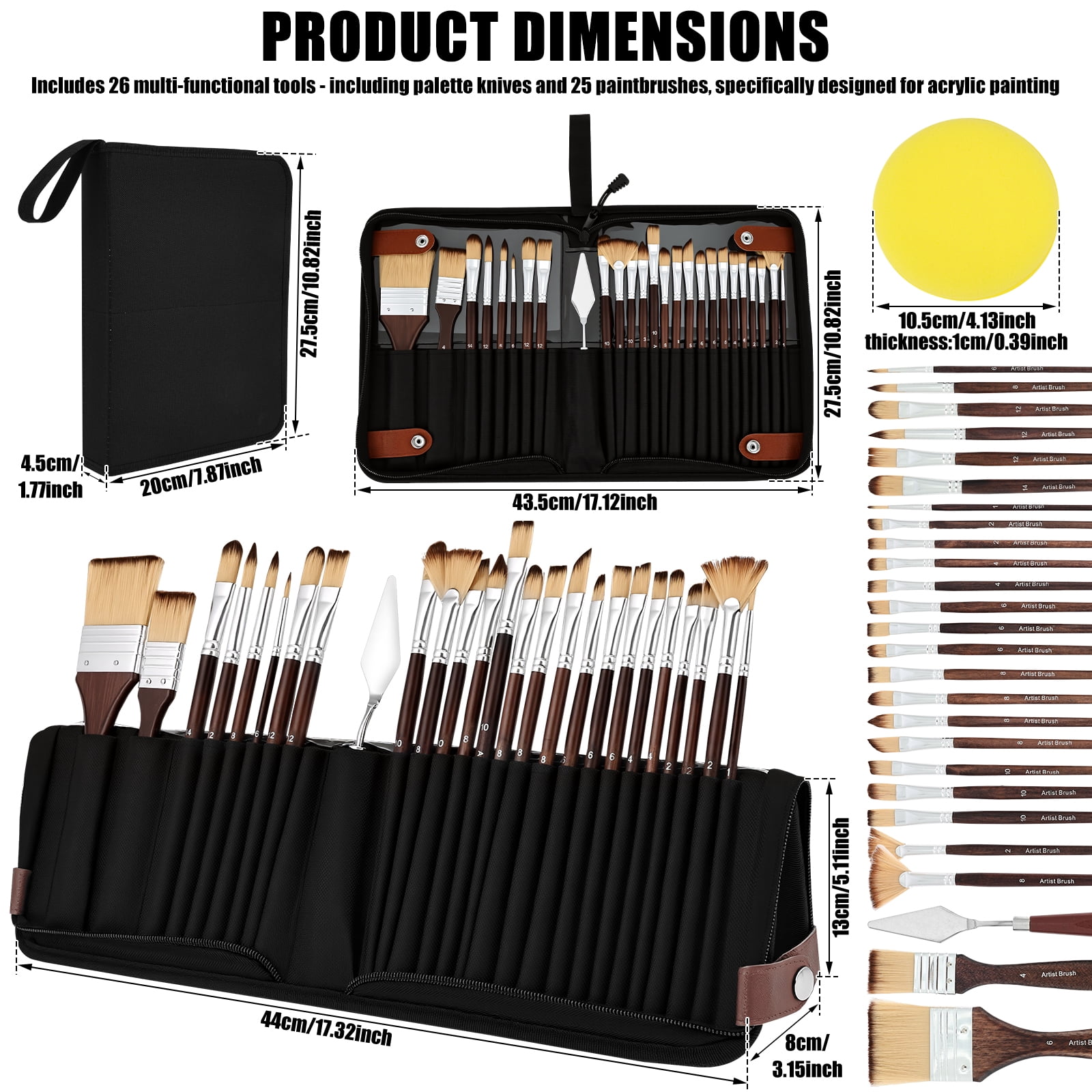 Threns Paint Brush Set,26Pcs Watercolor Acrylic Paint Brushes with Flat,Filbert,Fan,Dagger,Cat Tongue,Round,Palette Knife,Professional Paintbrush Kit for Artist,Oil,Face Painting