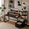 thumbnail image 3 of Escritorio para Computadora con LED y Enchufe (Negro) | Mesa para PC Industrial Mueble Oficina con 3 Repisas y Cajone Gamer Desk Grande para Recamara/Estudio/Sala150x48x125CM, 3 of 10