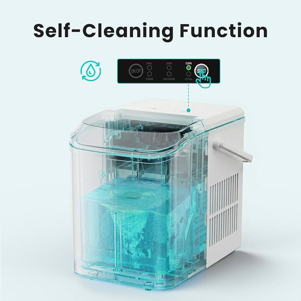 Countertop Ice Maker Portable Machine with Self-Cleaning, 26lbs/24hr, 2 Ice Sizes, Basket & Scoop, Compact Design with Handle for Kitchen, Office, Camping, White
