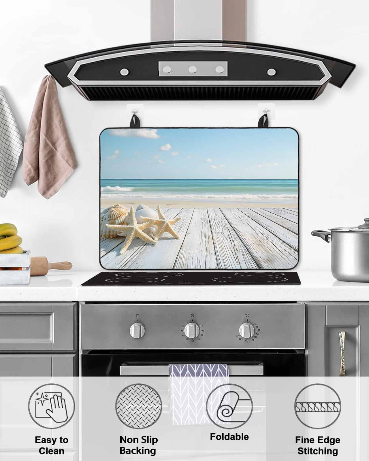 nqOlkjepod Large Induction Cooktop Protector Mat 36"x21", Summer Beach Stove Top Covers for Electric Stove, Ocean Coastal Starfish Seashells Blue Sky Stove Burner Cover Mats, Glass Top Stove Cover