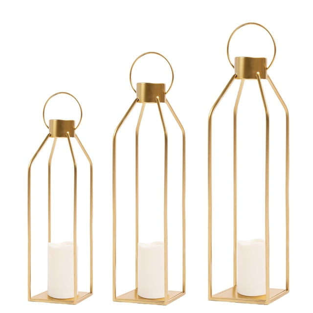 HPC DECOR - Farol moderno de granja, 22.0 in, 19.1 in, 16.0 in de alto, grande, de metal dorado, para decoración del hogar, farolillos decorativos con temporizador, velas parpadeantes para sala de est
