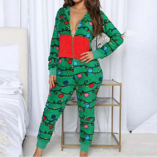 XZNGL Sexy Christmas Pajamas for Women Ladies Casual Christmas Homewear Hooded Zipper One Piece Homewear Pajamas