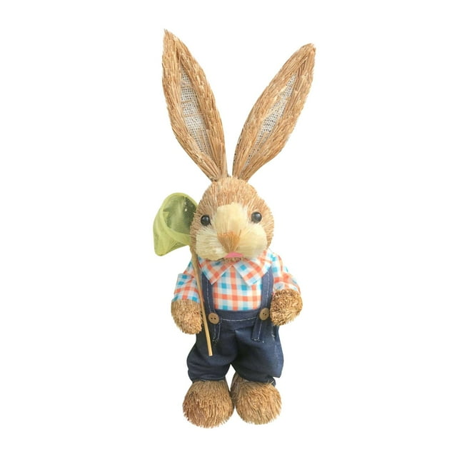 Easter Straw Bunny Figurine, 14 Inch Cute Rabbit Holding Carrot Straw Rabbit Decor Statue, Bunnies Decoration for Home & Party (E)