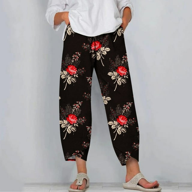 zanvin Pantalons en Lin pour Femmes, Mode Été Décontractée Poches Droites Imprimé Pantalons Cargo Femmes