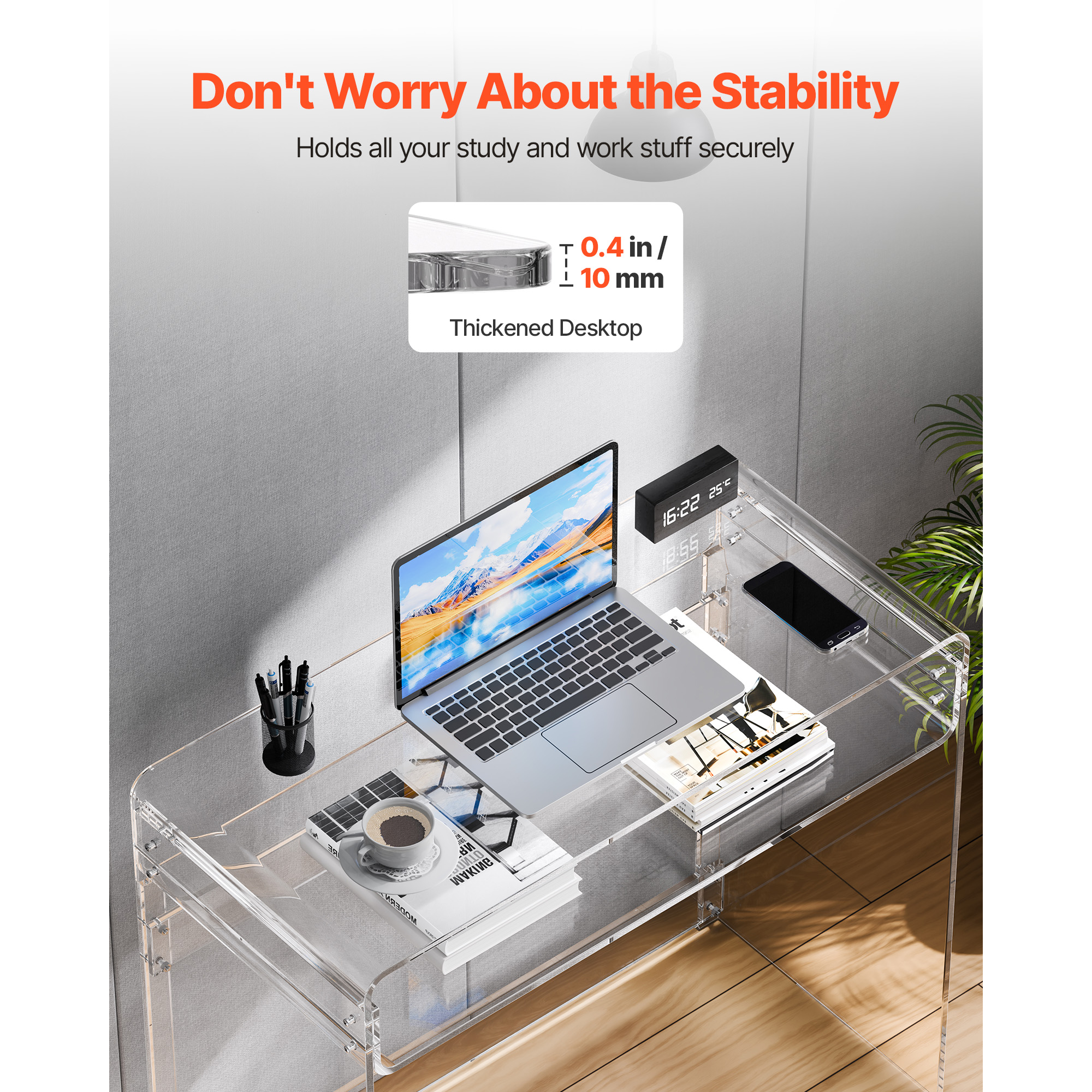 KFFKFF Acrylic Table, Clear End Table Featuring Storage Shelf, Modern Rectangular Side Desk, Transparent Thick Nightstand for Bedroom, Office, or Living Room, 15.7 x 33.5 x 29.5 in (Clear)