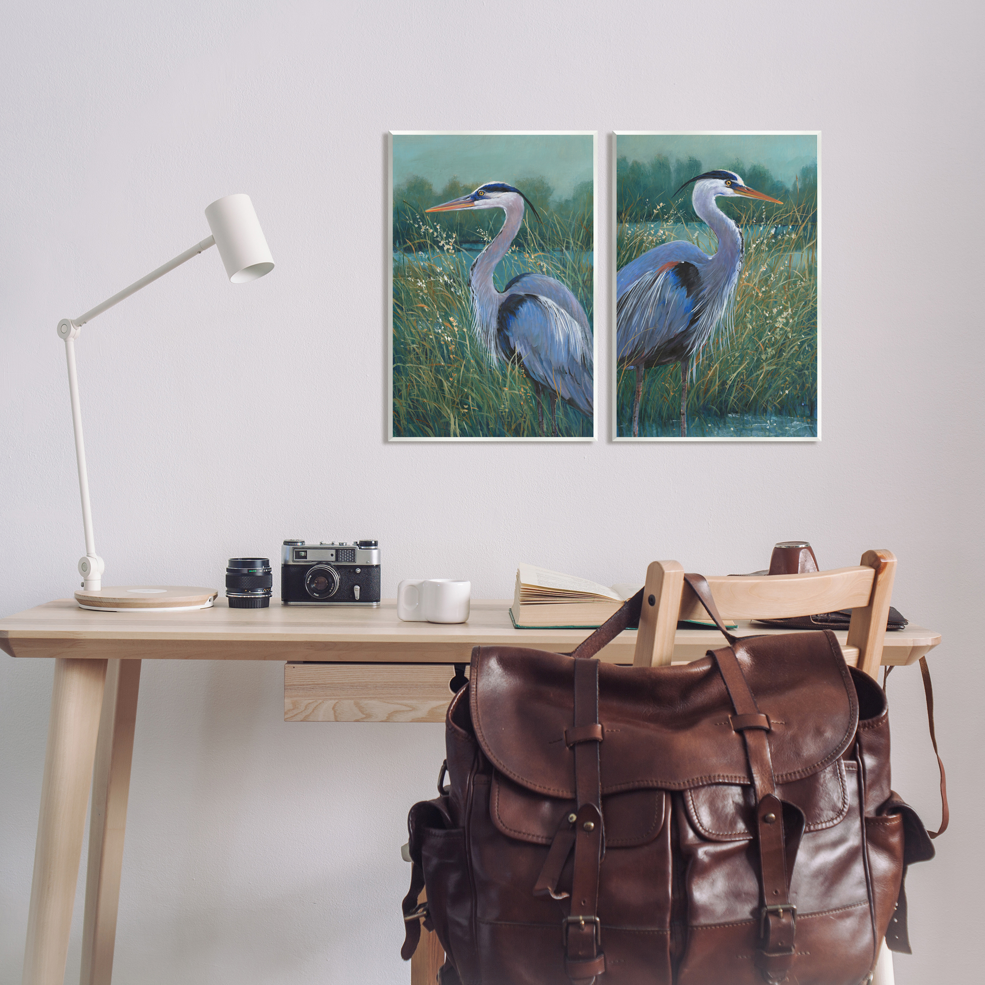 Stupell Industries Herons & Lake Landscape Animals & Insects Painting Unframed Art Print Wall Art, 13 x 19