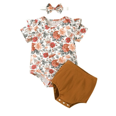 

Kiapeise Newborn Baby Girls Casual Suit Short Sleeve Floral Printed Romper Tops+Solid Color Shorts+Headband