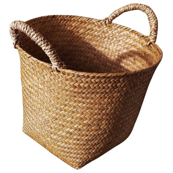 OUNONA Khaki Sea Grass Woven Basket Laundry Organizer for Dirty Clothes Nordic Style Home Storage