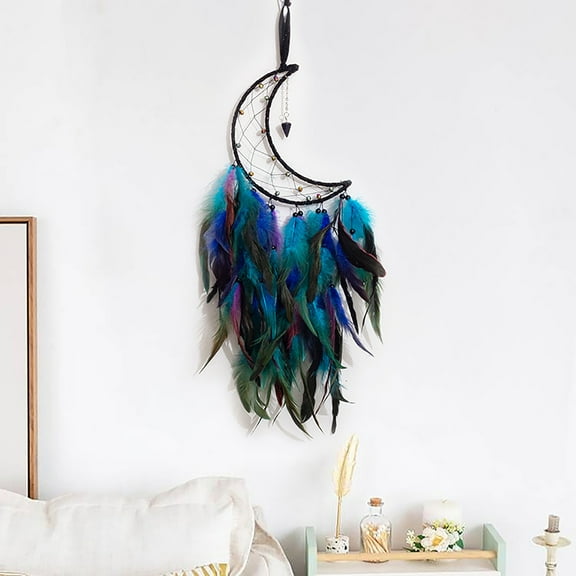 Moon Dream Catcher, Handmade Feather Dreamcatcher Boho Wall Hanging Ornament Blessing Gift for Kids Bedroom and Party Decoration,Dark Blue