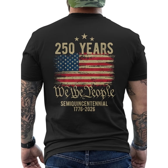 Retro We the People 250 Years American Flag T-Shirt - Vintage USA Semiquincentennial 1776-2026 Patriotic Graphic Tee for Men - Distressed United States Independence Anniversary Apparel