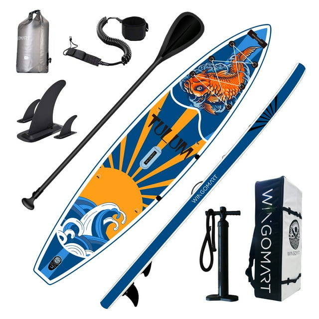 WINGOMART XL 12FT Inflatable Stand up Paddle Board w/Premium SUP Accessories & Carry Bag |upgraded paddle boards w/ 3 Fish Fin for Paddling |Up to 2 Person / 380LB -Tulum Edition