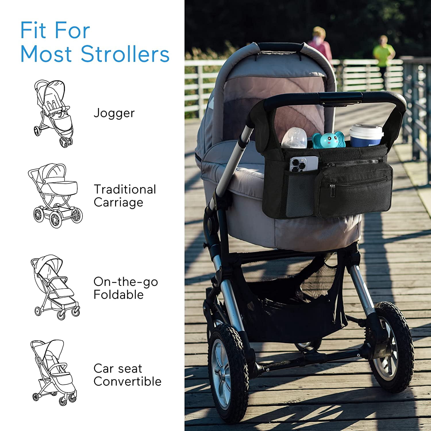Universal Stroller Organizer with 2 Insulated Cup Holders, Stroller Accessories, for Carrying Diaper, iPhone, Toys & Snacks, Fits Britax, Uppababy, Baby Jogger, and BOB Stroller
