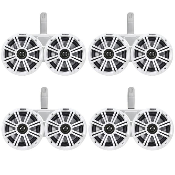 4 Pair (QTY 8) of Kicker 6.5" 2-Way 195 Watts Peak Power Coaxial Marine Audio Speakers with White Grilles, 6.5" Marine Tower Dual Speaker Enclosures (2 Pair) - White
