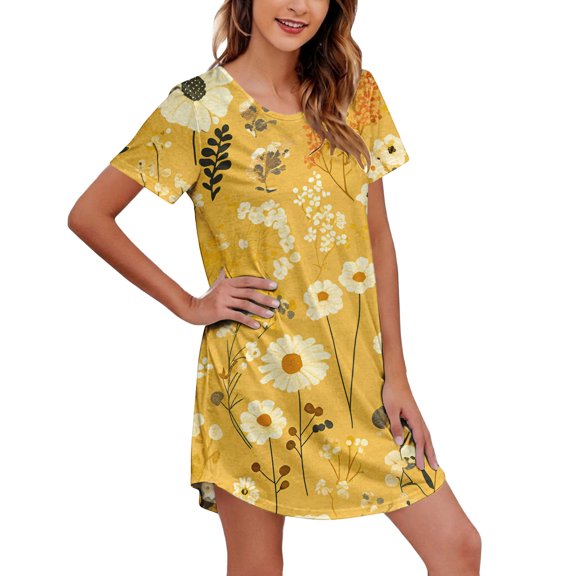 MEICHEN Summer Sleepshirts for Women Short Sleeve Printed Dress Casual Crewneck Dress Beach & Vacation Loose Fit Nightwear Womens Home Essentials Fashion Clothing