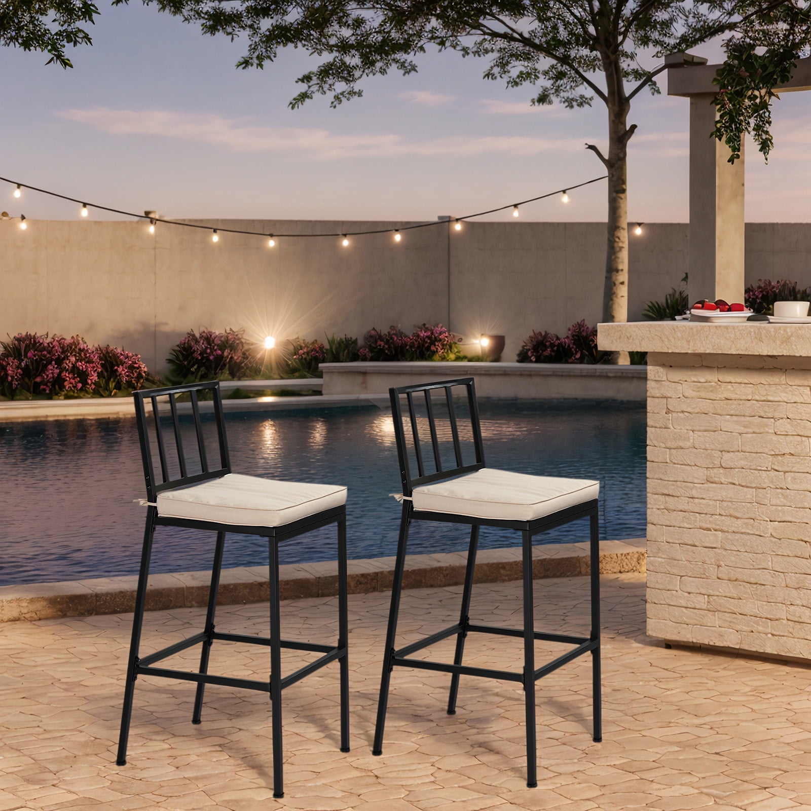 Ktaxon 2Pcs Outdoor Bar Stools, Weather Resistant Outdoor Bar Seating with Detachable Cushion, Heavy-Duty Metal Frame Bar Set of 2 for Garden Porch Pool