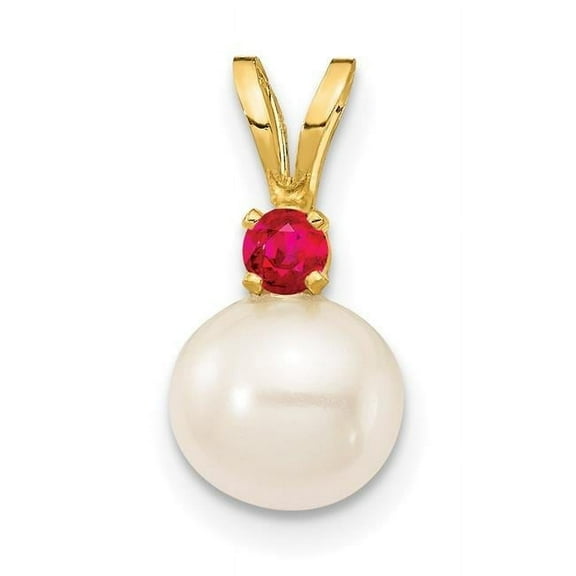 14k 7-7.5mm White Round Freshwater Cultured Pearl and .09RU Ruby Pendant XF741/R