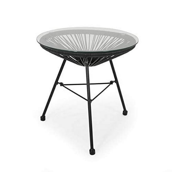 Great Deal Furniture Christina Outdoor Modern Faux Rattan Side Table with Tempered Glass Top, Black