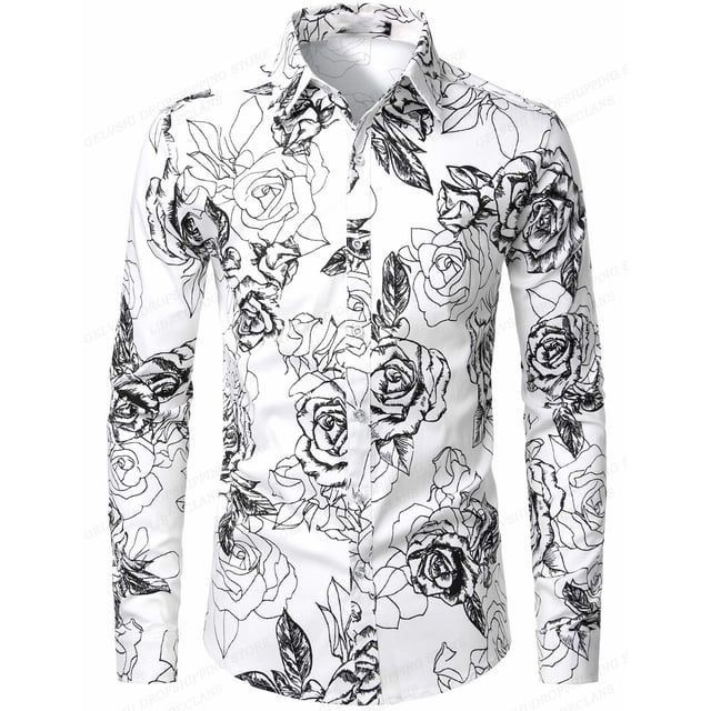 Camisas hawaianas con rosas rojas Camisas con estampado floral Camisas de moda para hombres Blusa de playa de manga larga Blusa blanca Ropa para hombres Voion