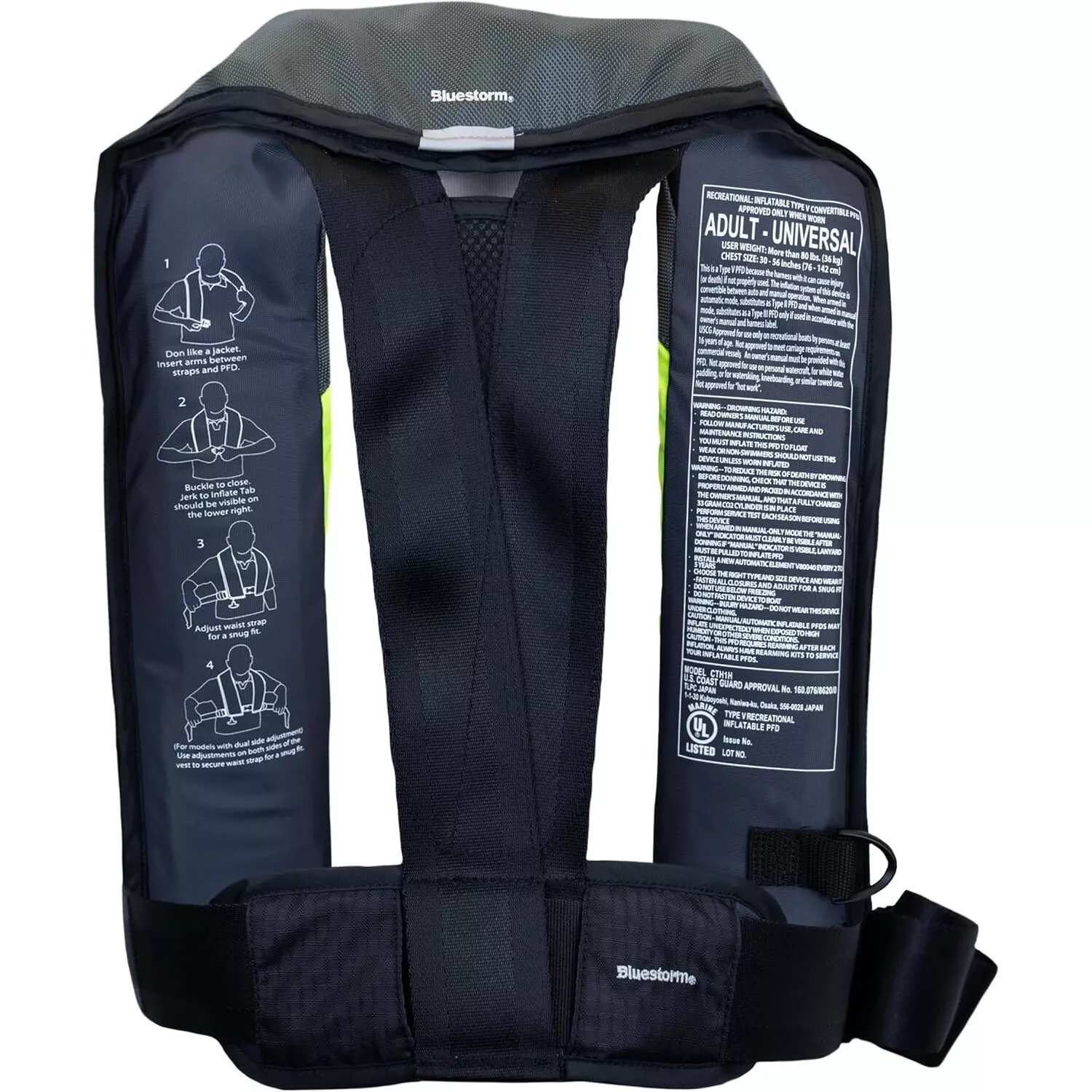 Bluestorm Stratus 35 SAIL Inflatable Life Jacket USCG Type 2 PFD, Hi-Viz Green/Yellow