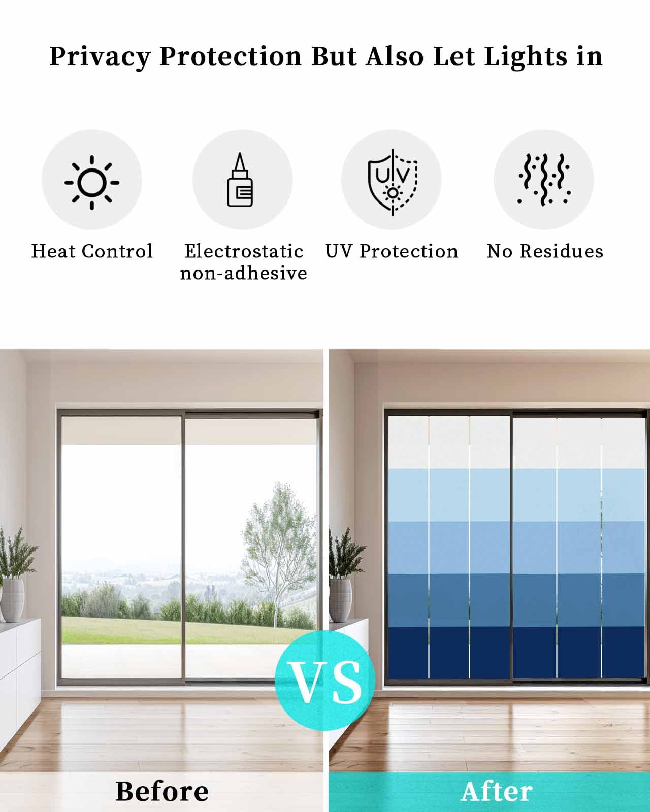 Window Privacy Film, Ombre Blue Grey UV Sun Blocking Window Tint Film Heat Control One Way Blackout Window Film, Simple Modern Farmhouse Stripes Non Adhesive Static Cling Window Sticker 35.4x78.7 In