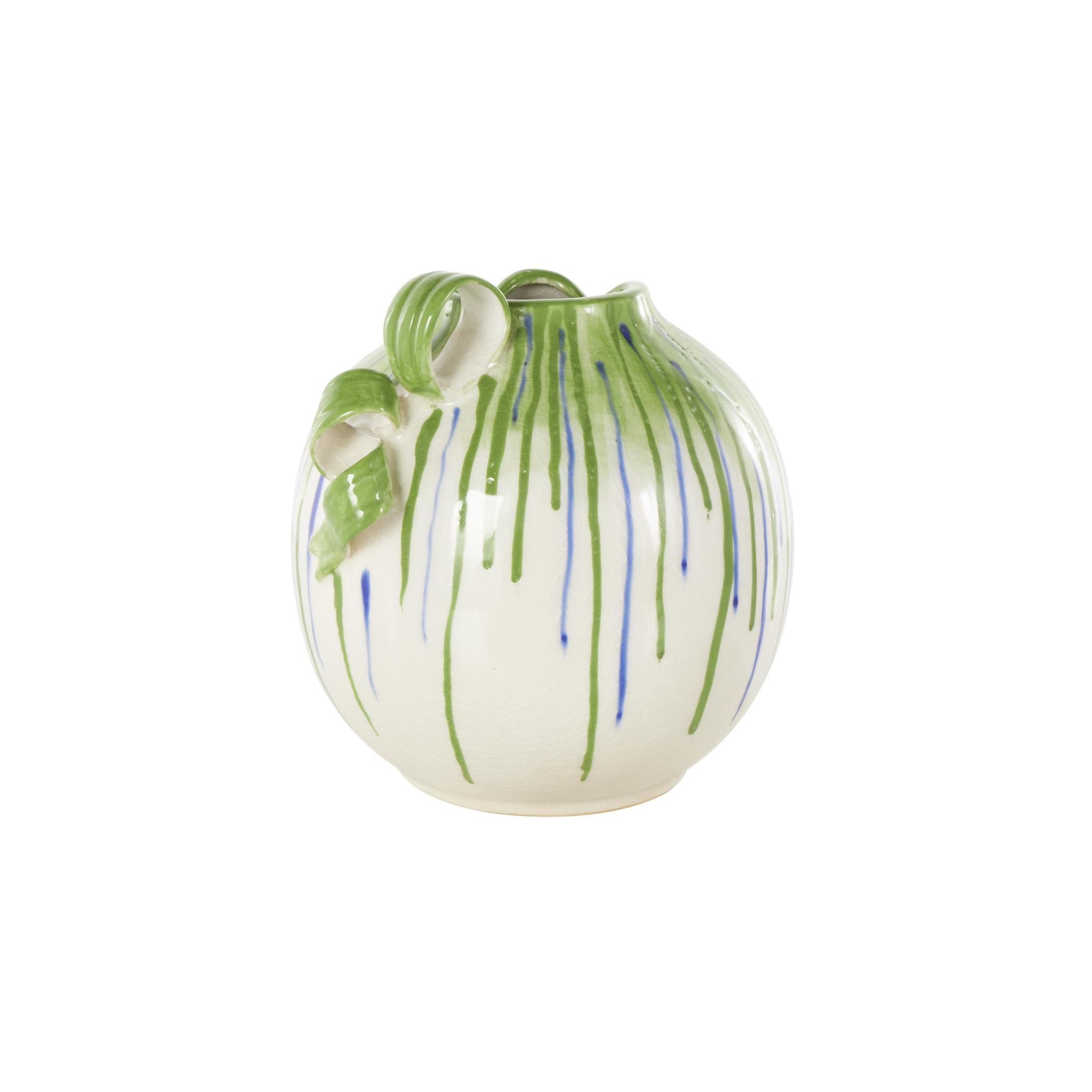 DecMode 11" Abstract White Ceramic Vase with Green and Blue Drip Design and Handles