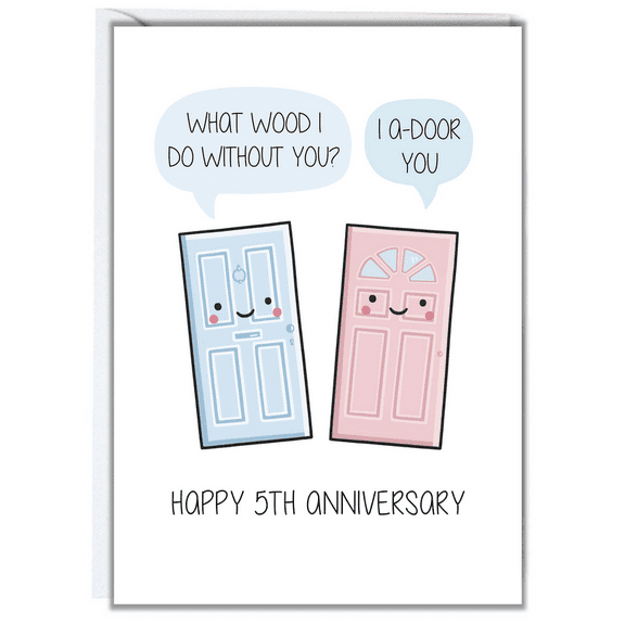 Happy 5th Anniversary Card – Cute Illustrated Doors with Punny Message – Blank Inside for Personal Touches – Perfect for Couples Celebrating Milestones