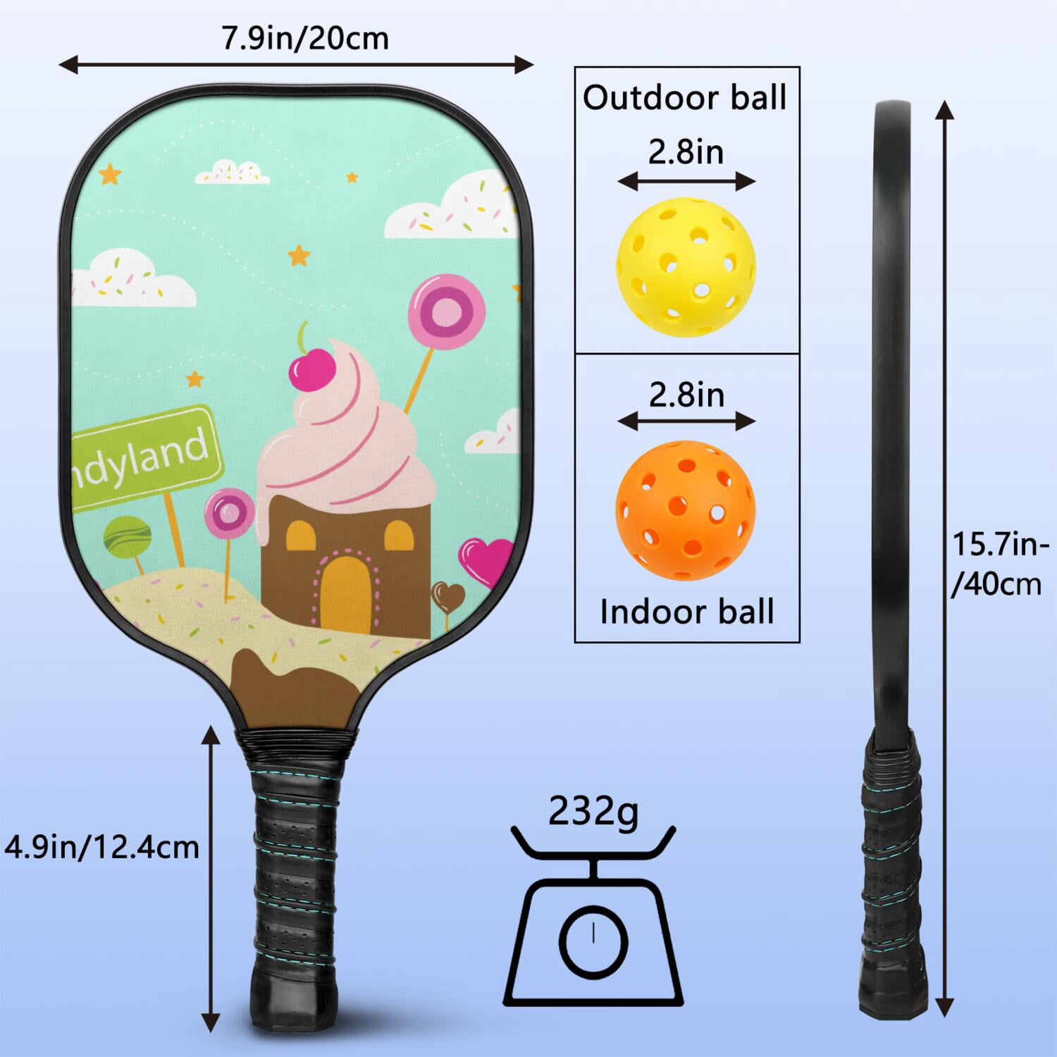 Pickleball Paddles Set Of 1, Fiberglass Surface, Sweet Candy Print, 1 Paddle, 2 Balls & Bag
