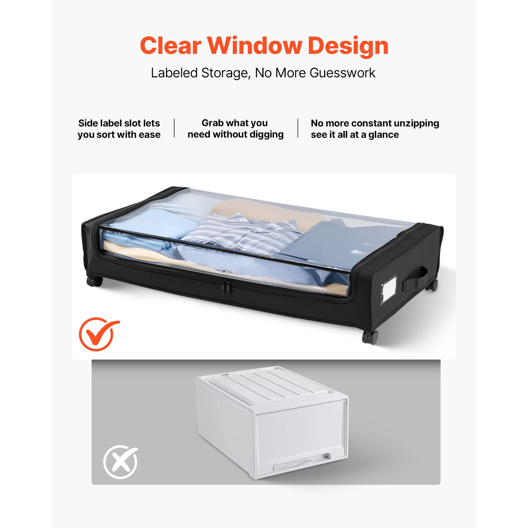 Under Bed Storage with Wheels, 28.94" x 15.75" x 4.33", 60 lbs Capacity, Clear Top, 360° Casters, for Clothes Shoes Toys