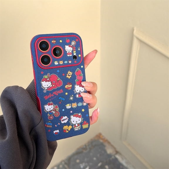 Denim Hello Kitty Cartoon Phone Case for iPhone 13 14 15 16 17 Pro Max Cases with Hand Strap Kawaii Shockproof Fundas