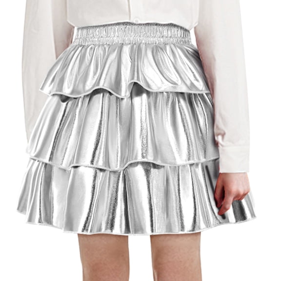 Girls Sparkle Metallic Skirts 3-Layer Ruffle Shiny Skirt High Elastic Waist Dance Scooter Skirts A-Line Pleated Mini Skort Skater Skirt for Cheerleaders Party Rave