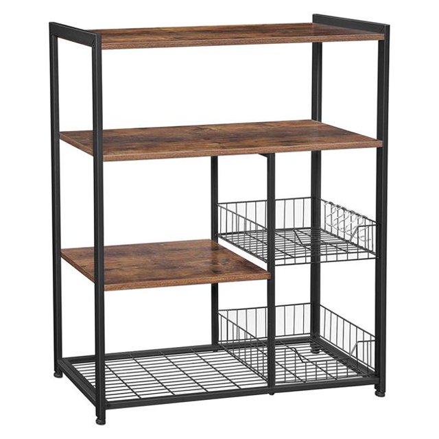 2 Mesh Basket & 6 Hooks Wood & Metal Frame Bakers Rack - Brown & Black