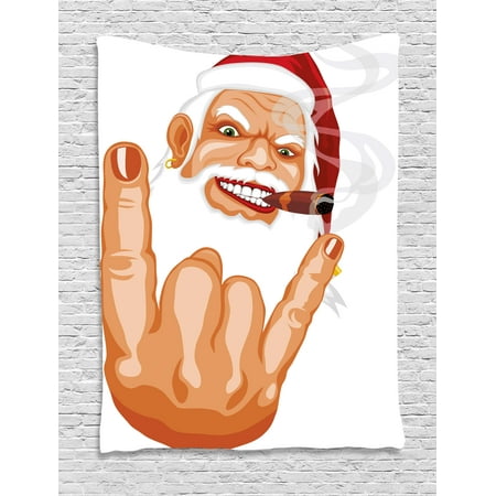 Moose Wall Hanging Christmas Tapestry, Santa Claus Making Mouse Rocker Gesture Smoking A Cigar Noel Humor Celebration, Wall Hanging for Bedroom Living Room Dorm Decor, 60W X 80L Inches, Multicolor, by Ambesonne ()