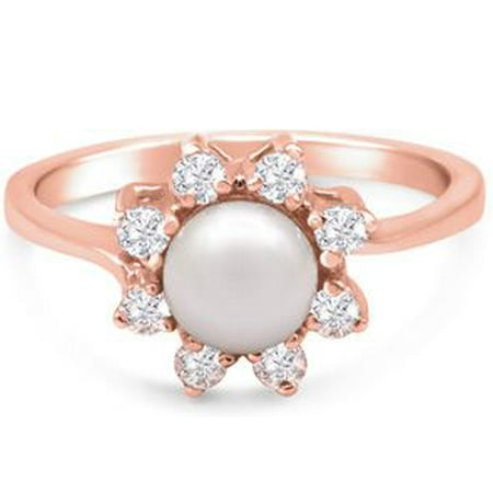 Round Freshwater Cultured Pearl and 1/3 Carat Halo Diamond Ring In 14 Karat Rose Gold