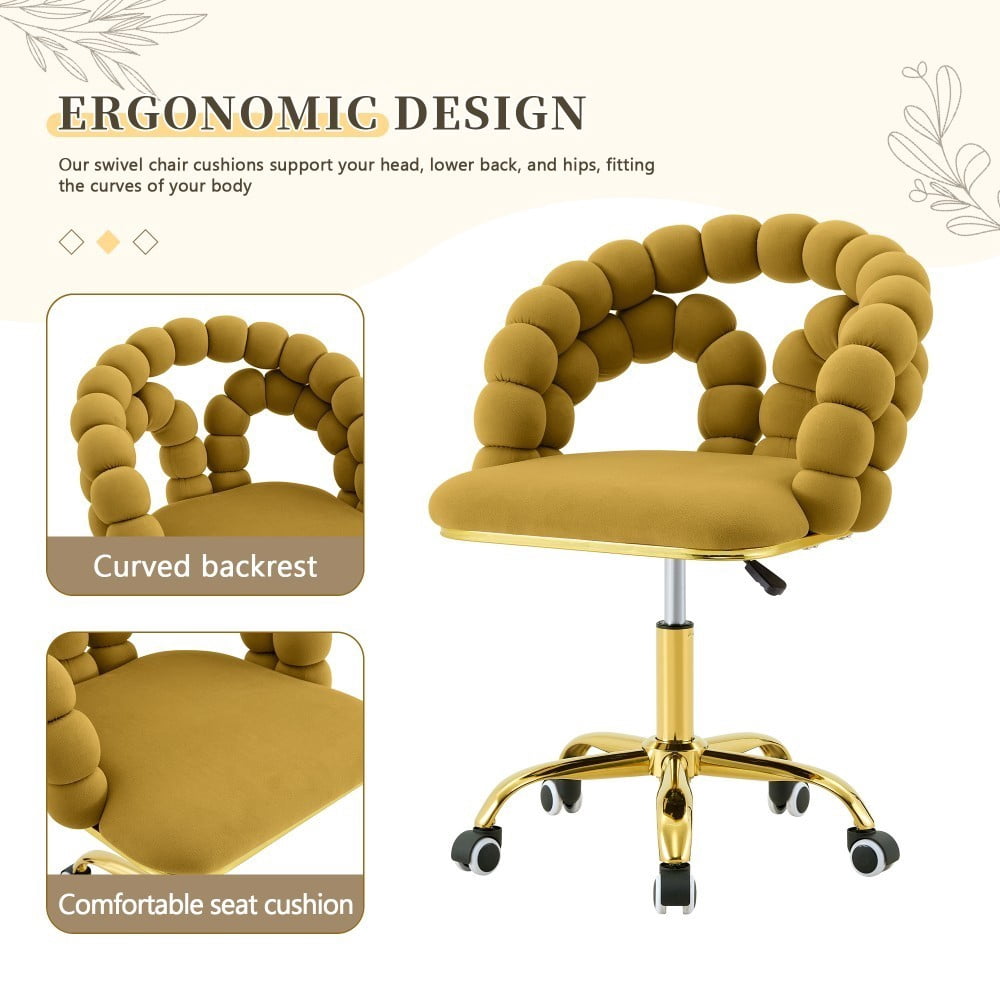 Velvet Office Chair, Adjustable Swivel Desk Chair with Bubble Back, Gold Metal Base, Rolling Vanity Chair for Home Office, Bedroom & Makeup Room, Yellow