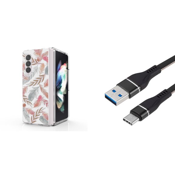 Accessory Bundle for Galaxy Z Fold 4: Slim Snap-On Case (Pink Grey Feathers), Nylon Braided USB-C to USB-A Cable (3 Feet)