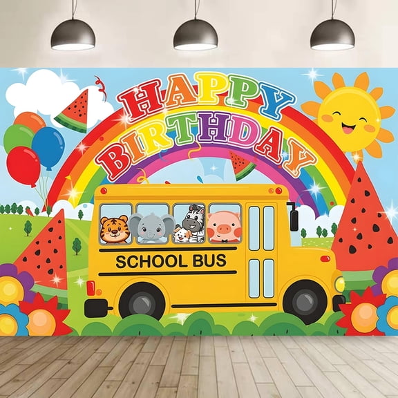 Cartoon Melon Birthday Backdrop Party School Bus With 18pcs Balloon Background Banner Boys Girls Party Decorations Supplies