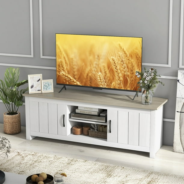 Gymax Farmhouse TV Stand for TVs up to 65 Media Console Center w Doors Cubbies White Oak