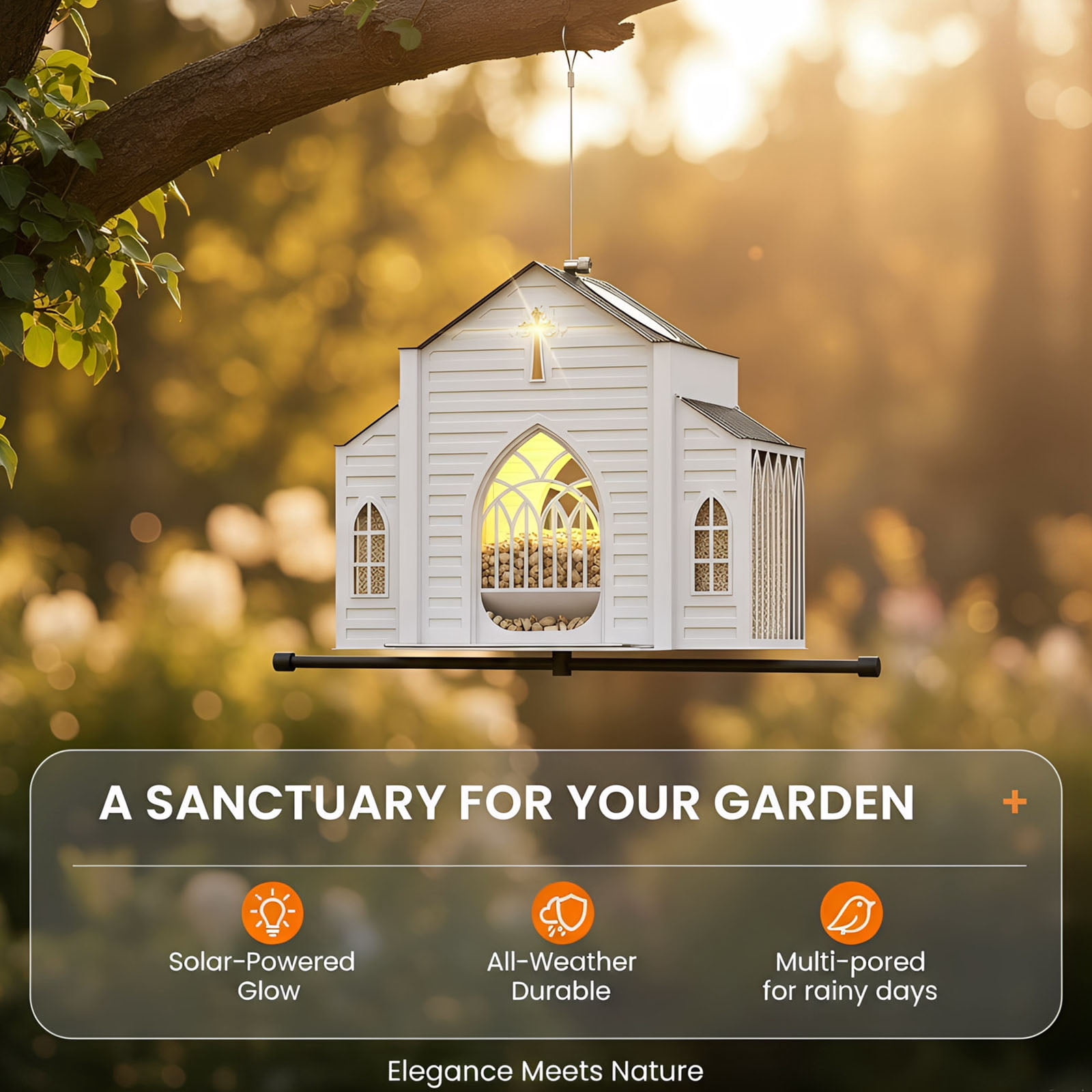 5 LB Holding Space Bird Feeder Church Shaped Metal Solar Light Hanging Outdoor Weatherproof Suet Feeder