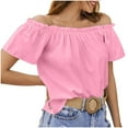 thumbnail image 2 of tarylea Off Shoulder Tops for Women Short Sleeve Ruffled Blouse Casual Loose Summer Solid Color Tops, 2 of 6