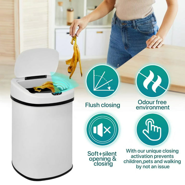 13 Gallon 50 Liter Garbage Can Kitchen Trash Can with Lid Automatic Sensor  Touch Free Stainless Steel Waste Bin for Bathroom Bedroom Home Office,White