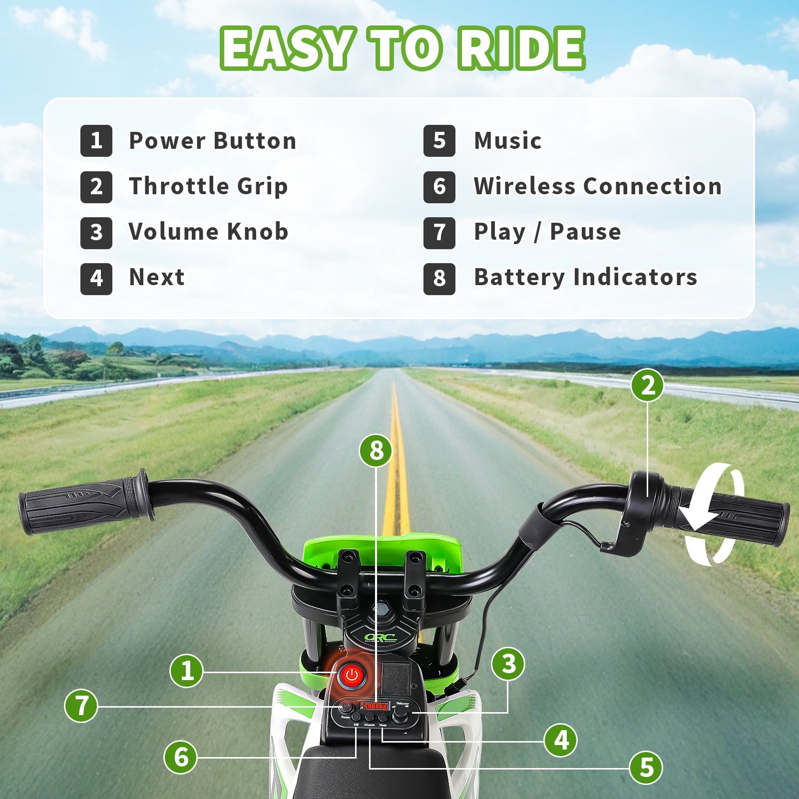 Funcid 12V Electric Dirt Bike with Twist Grip Throttle, Ride on Motorcycle with 2 Training Wheels, Suitable for Ages 3-8, Bluetooth, MP3, Dual Motors, Spring Suspension