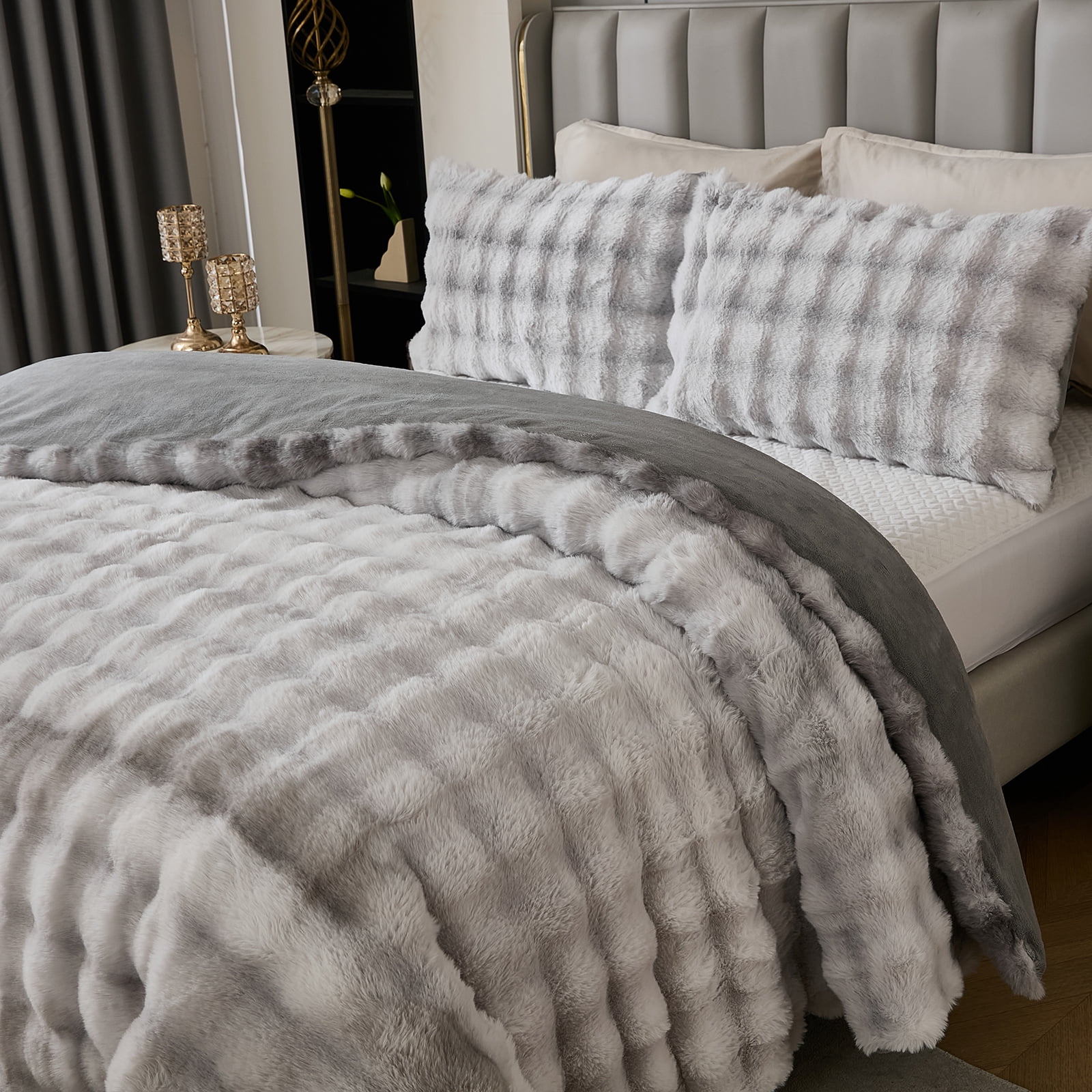 Plush Rabbit Faux Fur Comforter Set Queen/King Size Tie Dyed Fluffy Comforter Bed Set Luxury 3 Pieces Warm Shaggy Winter Comforter Queen Size Soft Bubble Bedding Comforter Set