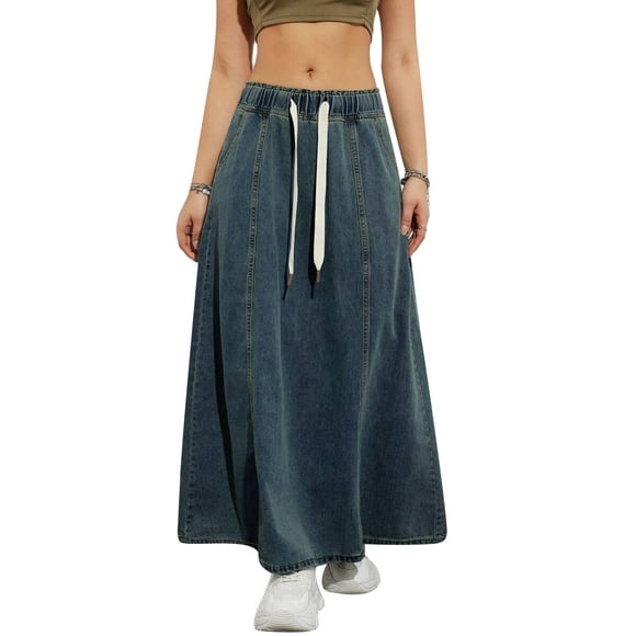 Gupgi Women Denim Long Skirt Elastic High Waist Loose Fit Jean Skirt Casual Vintage Flare Skirt with Pockets