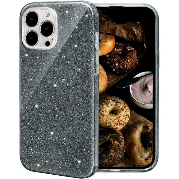 Glitter Case for iPhone 12 Pro Max, Shiny Sparkle Bling Phone Case, 3 Layer Hybrid Protective Soft Cover for Cute Girls Women (6.7 inch) - Black