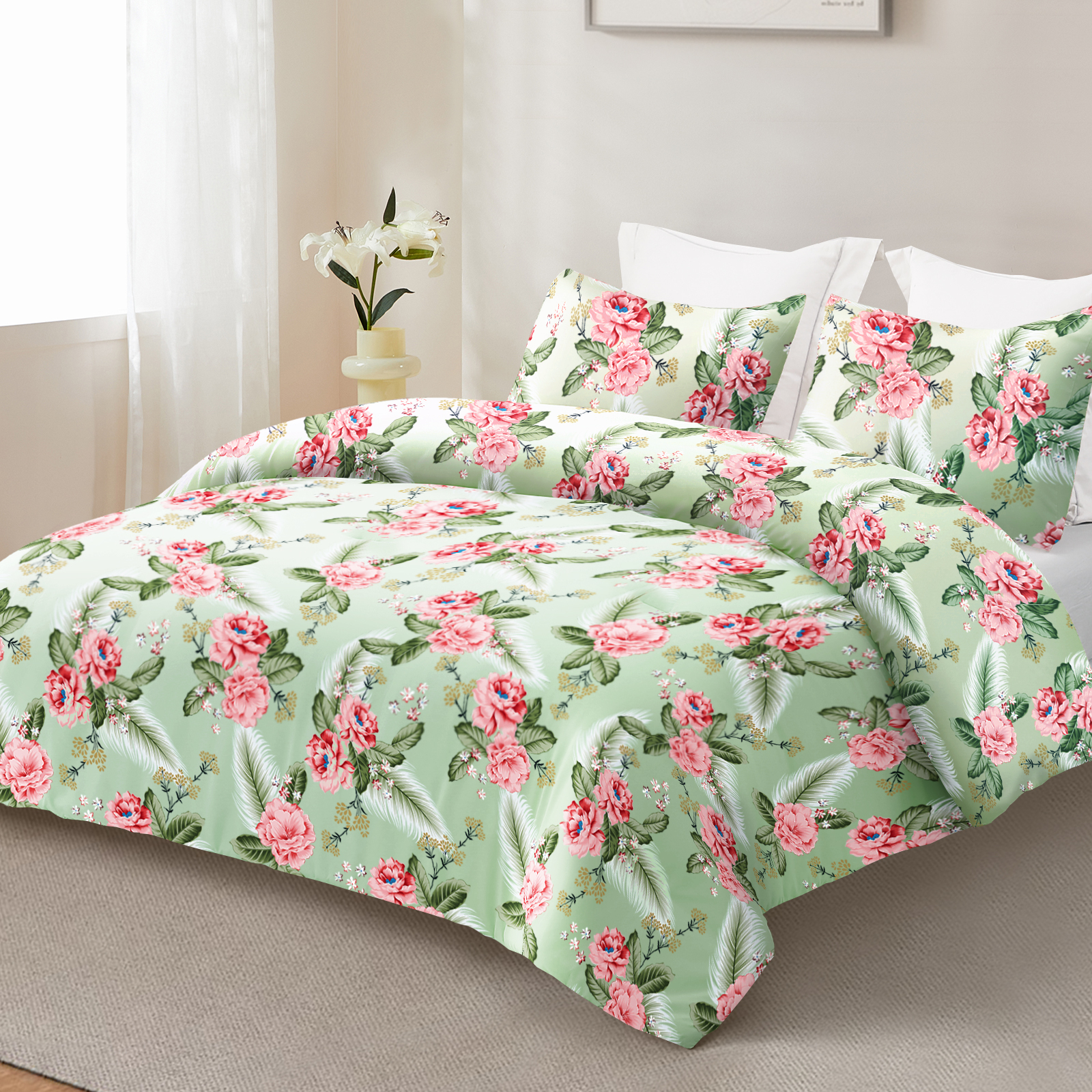 Exclusivo Mezcla 3-Piece Floral Queen Comforter Set, Microfiber Bedding Down Alternative Comforter for All Seasons with 2 Pillow Shams, Pink