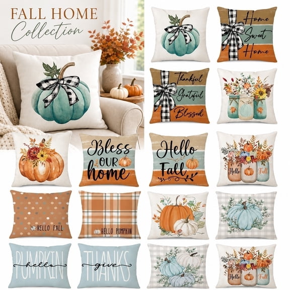 4 Piece Fall Harvest Decorations Pillow Covers, 17.71x17.71-Inch Rustic Teal Pumpkin with Buffalo Check Bow Print Cushion Cases for Thanksgiving Sofa & Living Room A